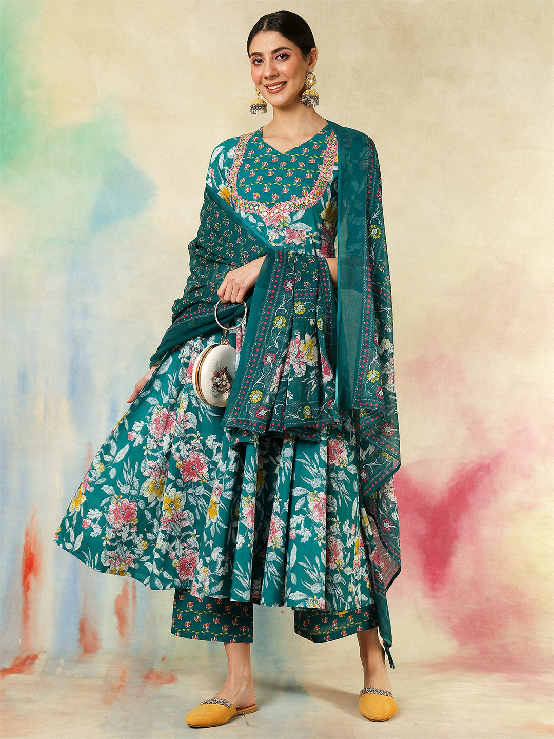 Cotton Calf Length Printed &amp; Embroidered Flared 3/4 Sleeves Sweet Heart Neck Kurta Suit Set With Dupatta