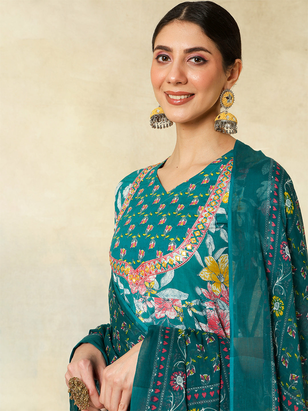 Cotton Calf Length Printed &amp; Embroidered Flared 3/4 Sleeves Sweet Heart Neck Kurta Suit Set With Dupatta