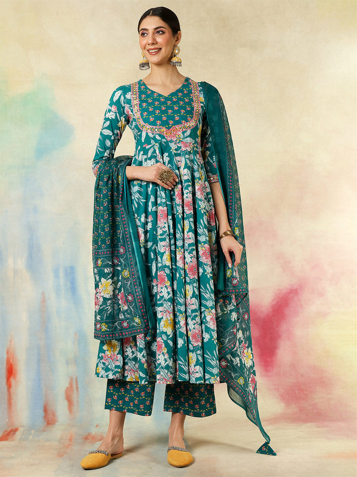 Cotton Calf Length Printed &amp; Embroidered Flared 3/4 Sleeves Sweet Heart Neck Kurta Suit Set With Dupatta
