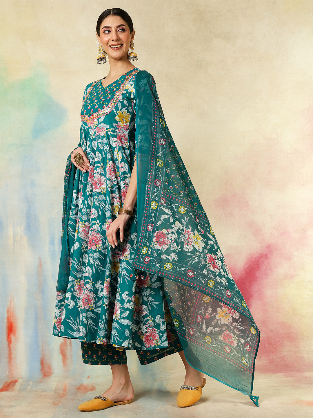 Cotton Calf Length Printed &amp; Embroidered Flared 3/4 Sleeves Sweet Heart Neck Kurta Suit Set With Dupatta