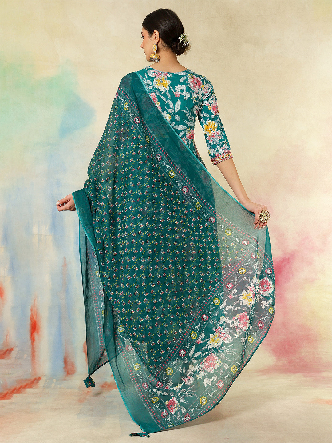 Cotton Calf Length Printed &amp; Embroidered Flared 3/4 Sleeves Sweet Heart Neck Kurta Suit Set With Dupatta