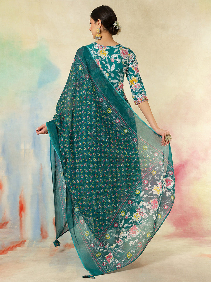Cotton Calf Length Printed &amp; Embroidered Flared 3/4 Sleeves Sweet Heart Neck Kurta Suit Set With Dupatta
