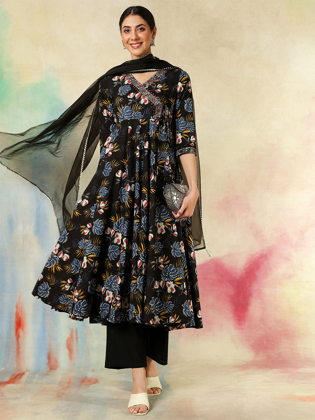 Cotton Calf Length Printed Embroidered 3/4 Sleeves V-Neck Kurta Suit Set With Dupatta