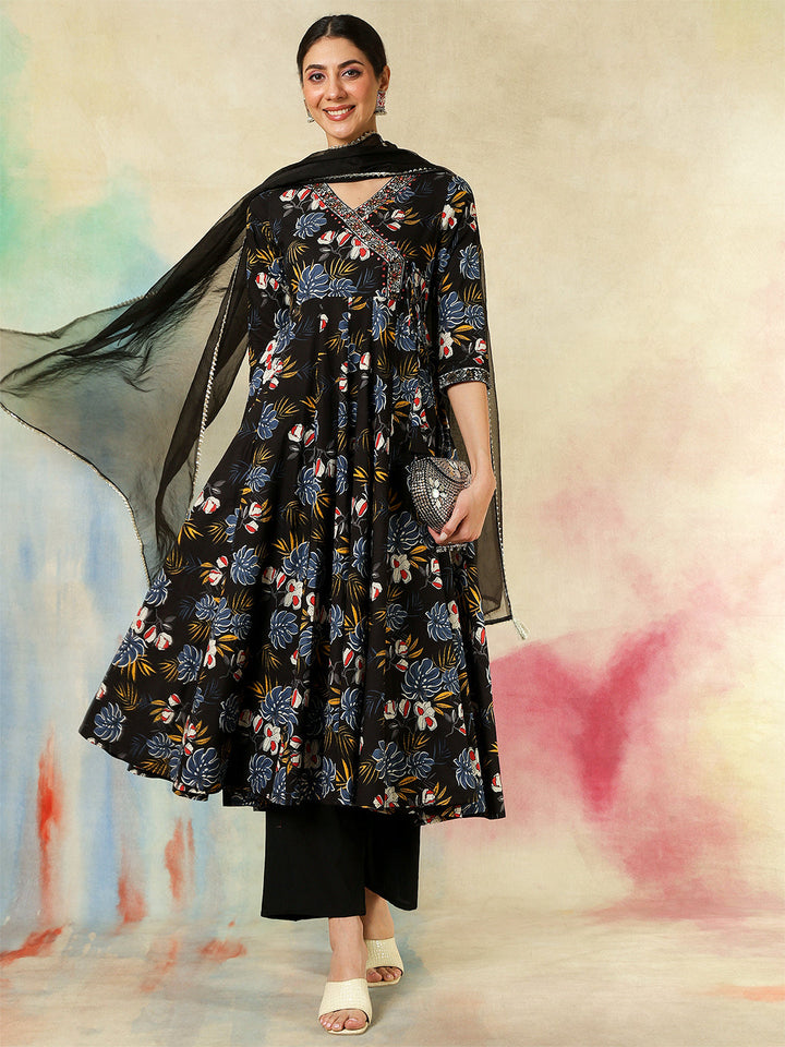 Cotton Calf Length Printed Embroidered 3/4 Sleeves V-Neck Kurta Suit Set With Dupatta