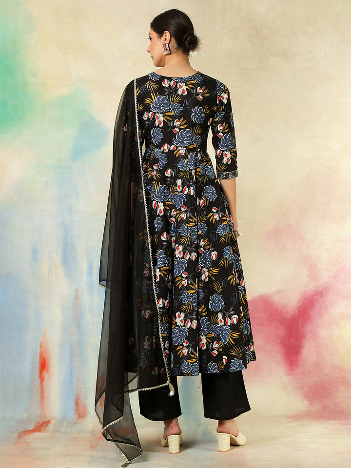 Cotton Calf Length Printed Embroidered 3/4 Sleeves V-Neck Kurta Suit Set With Dupatta