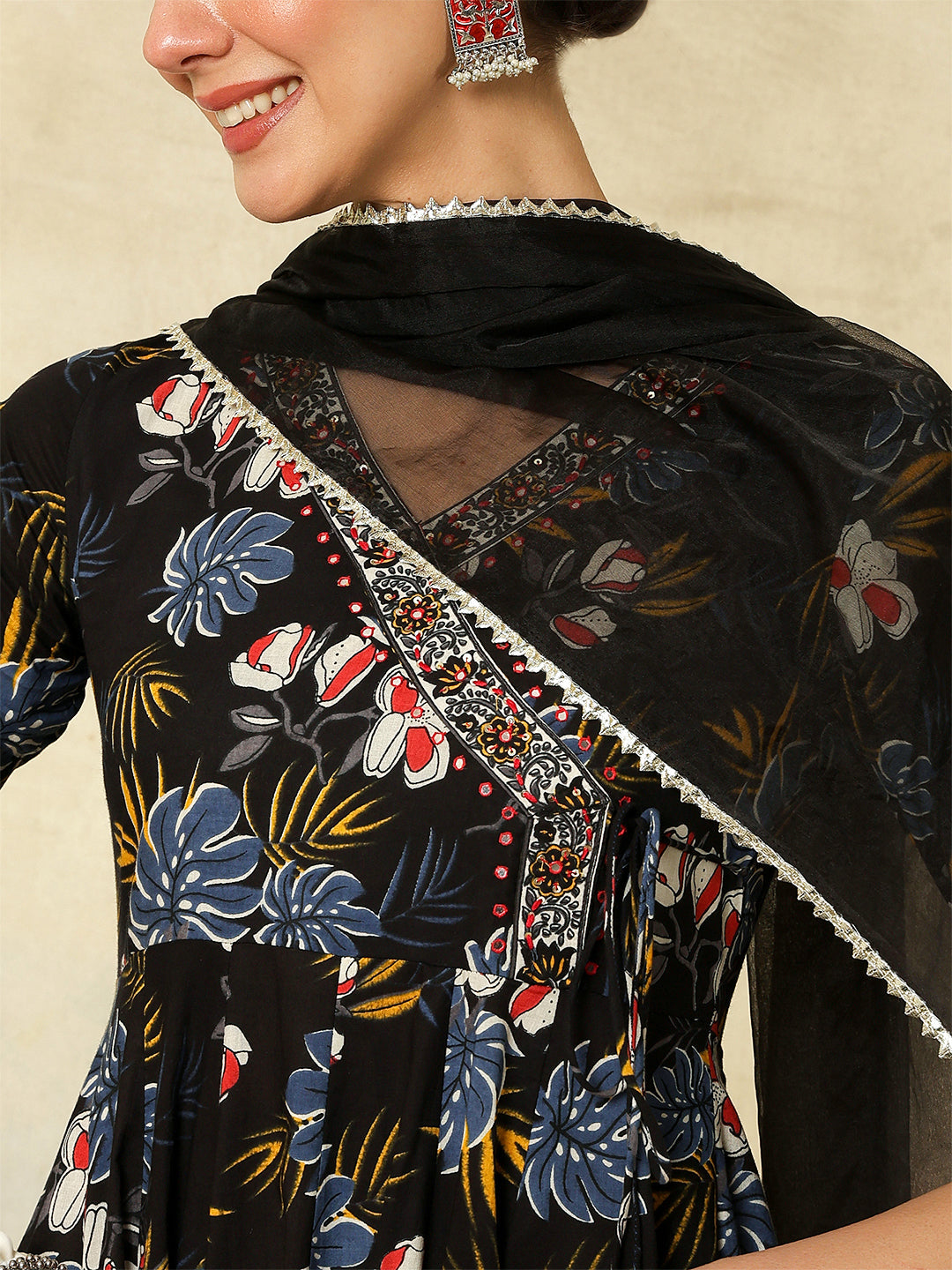 Cotton Calf Length Printed Embroidered 3/4 Sleeves V-Neck Kurta Suit Set With Dupatta