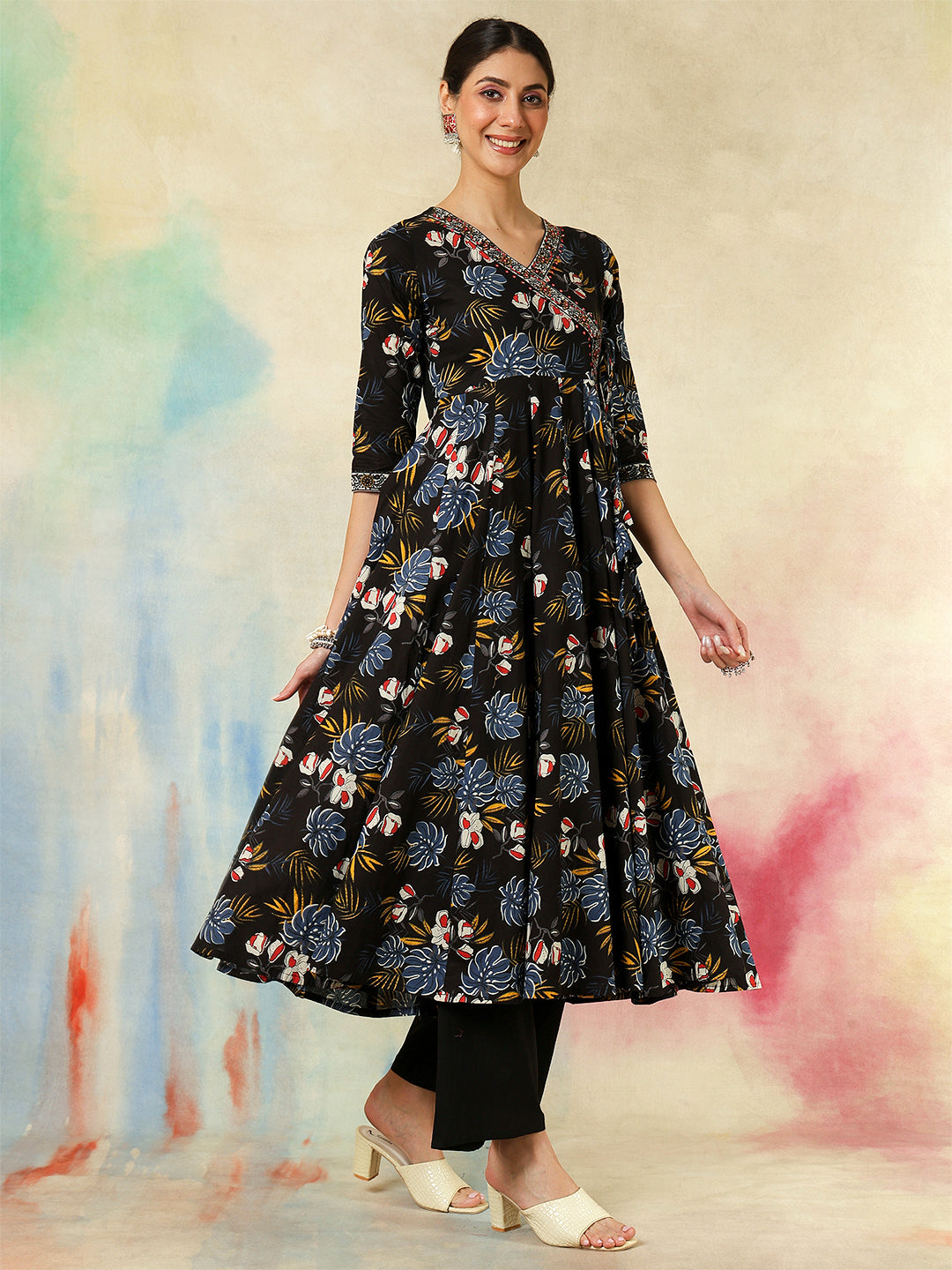 Cotton Calf Length Printed Embroidered 3/4 Sleeves V-Neck Kurta Suit Set With Dupatta (Preorder)