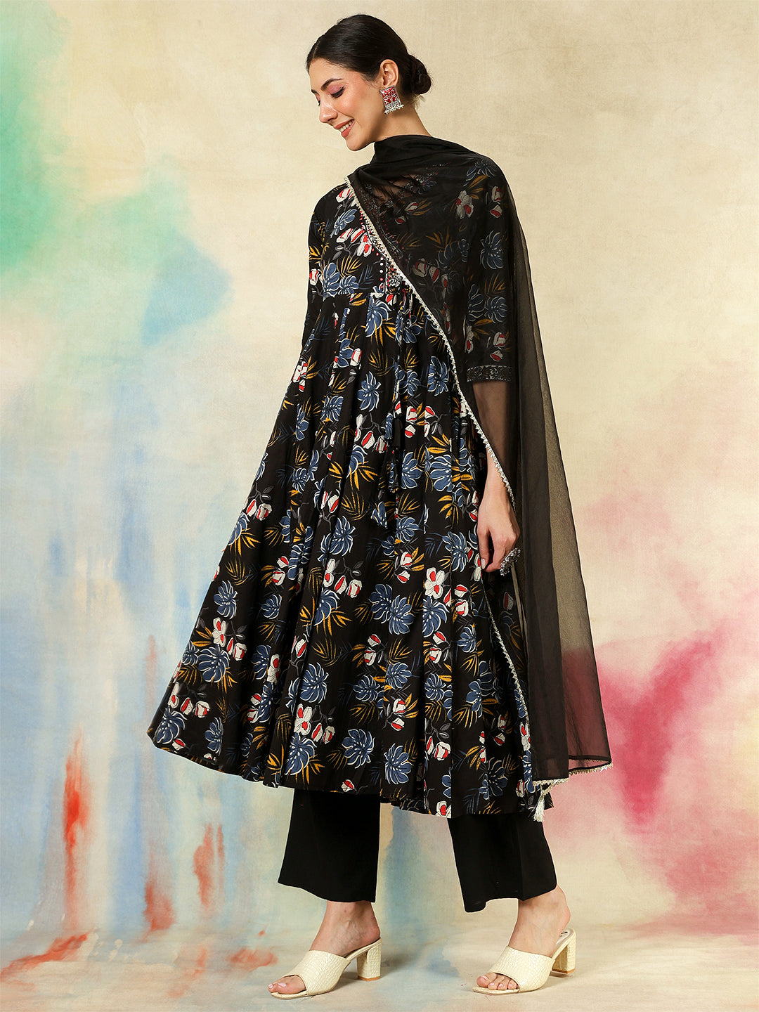 Cotton Calf Length Printed Embroidered 3/4 Sleeves V-Neck Kurta Suit Set With Dupatta (Preorder)