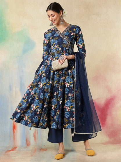 Cotton Calf Length Printed Embroidered 3/4 Sleeves V-Neck Kurta Suit Set With Dupatta