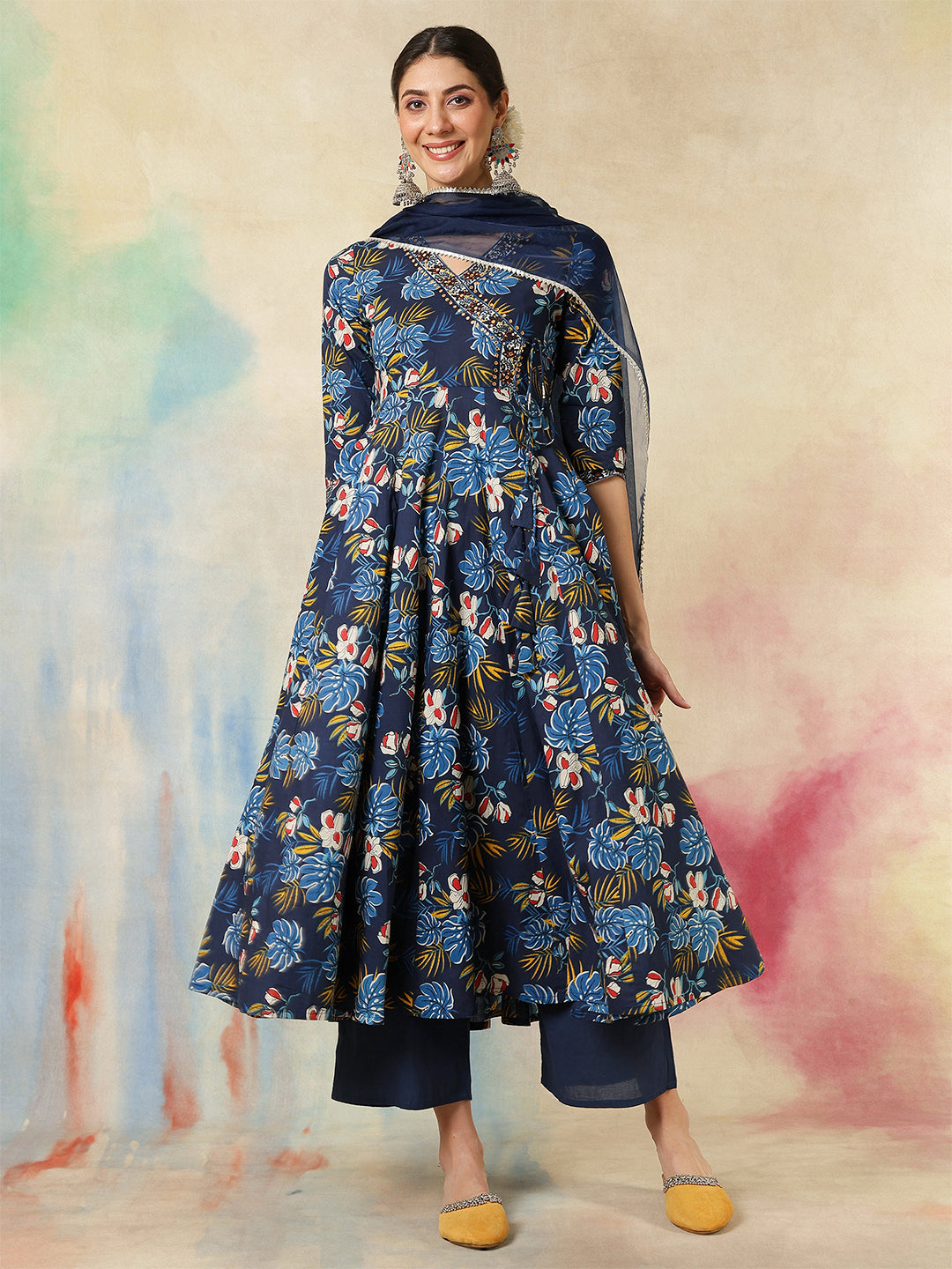 Cotton Calf Length Printed Embroidered 3/4 Sleeves V-Neck Kurta Suit Set With Dupatta