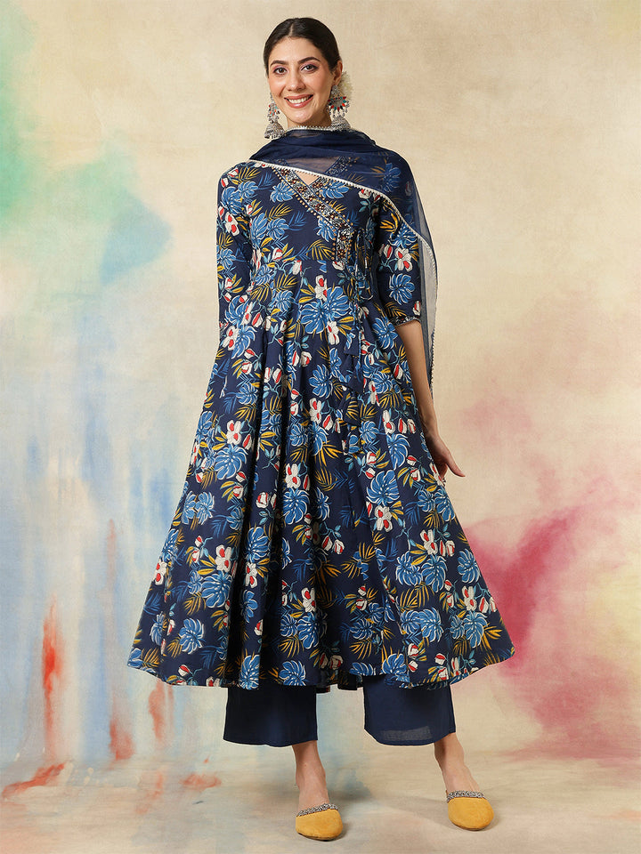Cotton Calf Length Printed Embroidered 3/4 Sleeves V-Neck Kurta Suit Set With Dupatta