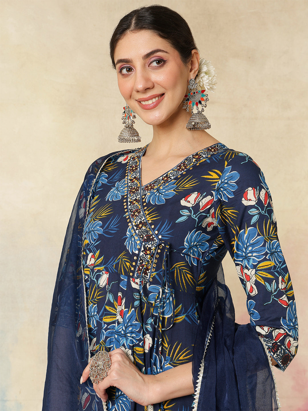 Cotton Calf Length Printed Embroidered 3/4 Sleeves V-Neck Kurta Suit Set With Dupatta