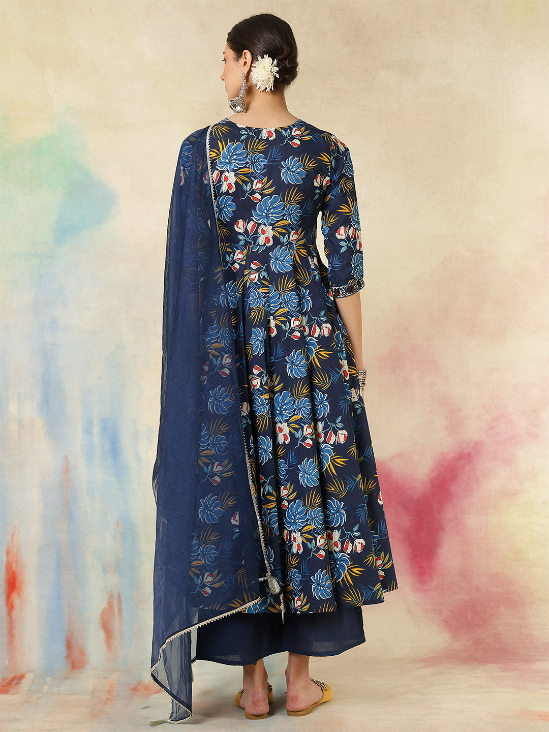 Cotton Calf Length Printed Embroidered 3/4 Sleeves V-Neck Kurta Suit Set With Dupatta