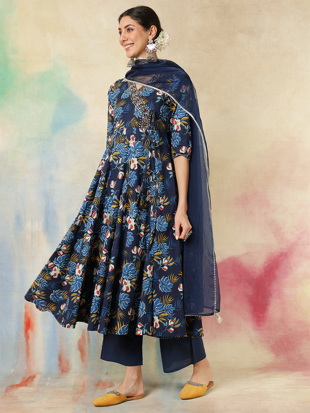 Cotton Calf Length Printed Embroidered 3/4 Sleeves V-Neck Kurta Suit Set With Dupatta