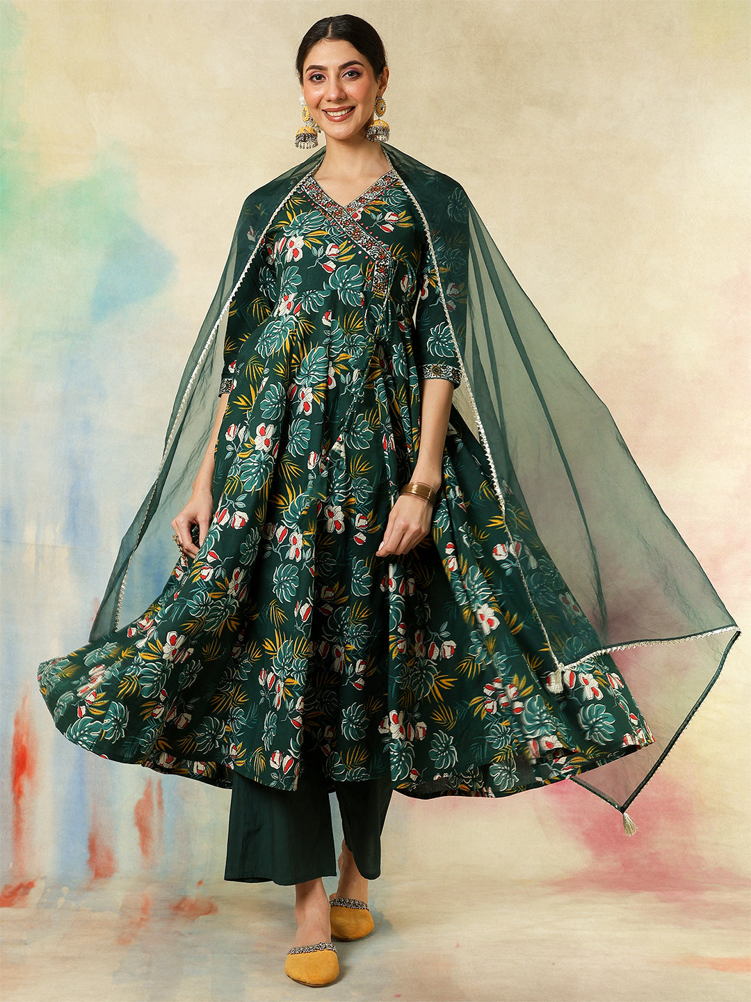 Cotton Calf Length Printed Embroidered 3/4 Sleeves V-Neck Kurta Suit Set With Dupatta
