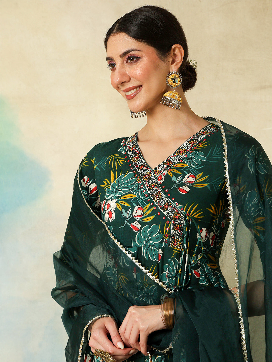Cotton Calf Length Printed Embroidered 3/4 Sleeves V-Neck Kurta Suit Set With Dupatta