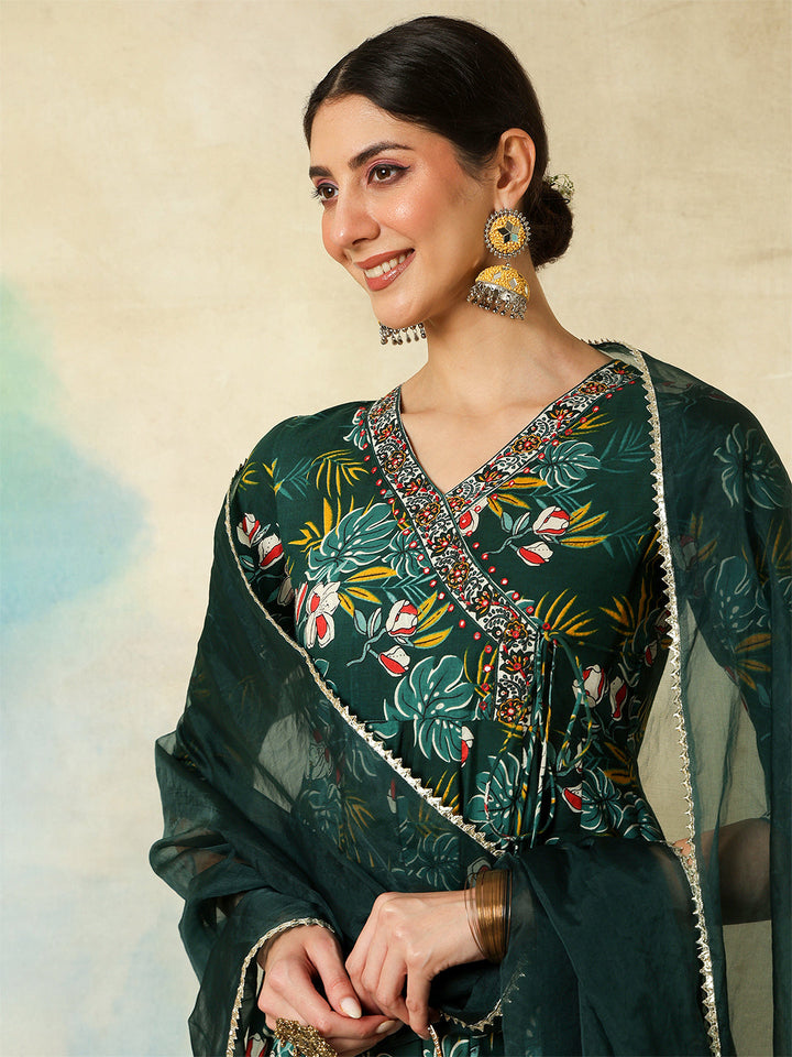 Cotton Calf Length Printed Embroidered 3/4 Sleeves V-Neck Kurta Suit Set With Dupatta