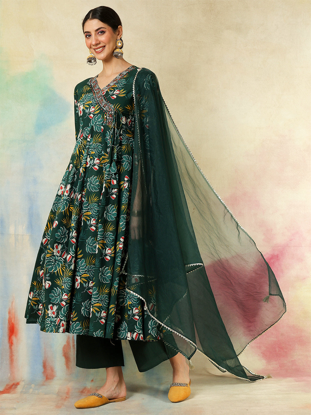 Cotton Calf Length Printed Embroidered 3/4 Sleeves V-Neck Kurta Suit Set With Dupatta