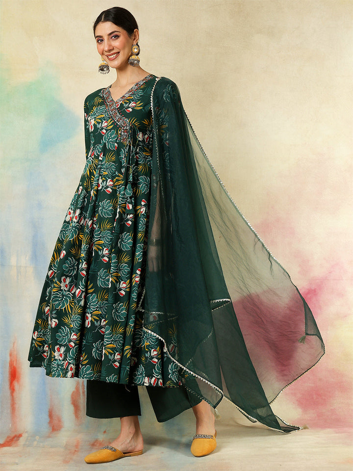 Cotton Calf Length Printed Embroidered 3/4 Sleeves V-Neck Kurta Suit Set With Dupatta