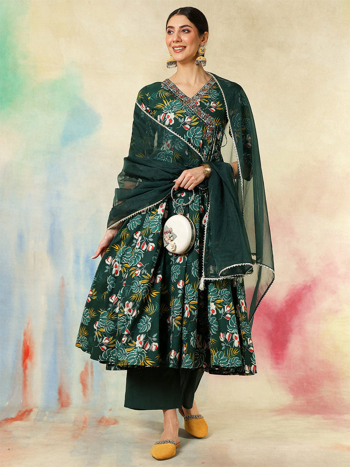 Cotton Calf Length Printed Embroidered 3/4 Sleeves V-Neck Kurta Suit Set With Dupatta