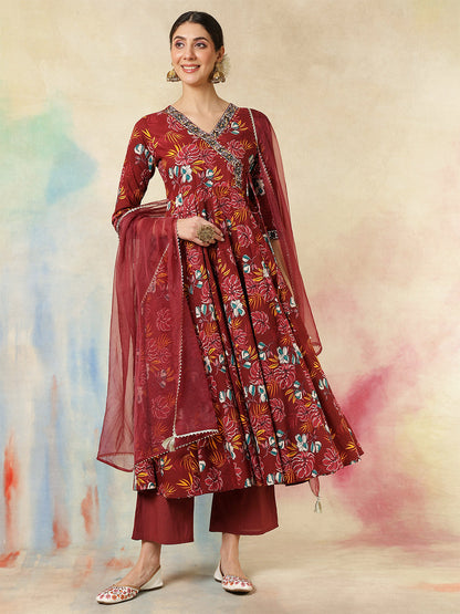 Cotton Calf Length Printed Embroidered 3/4 Sleeves V-Neck Kurta Suit Set With Dupatta