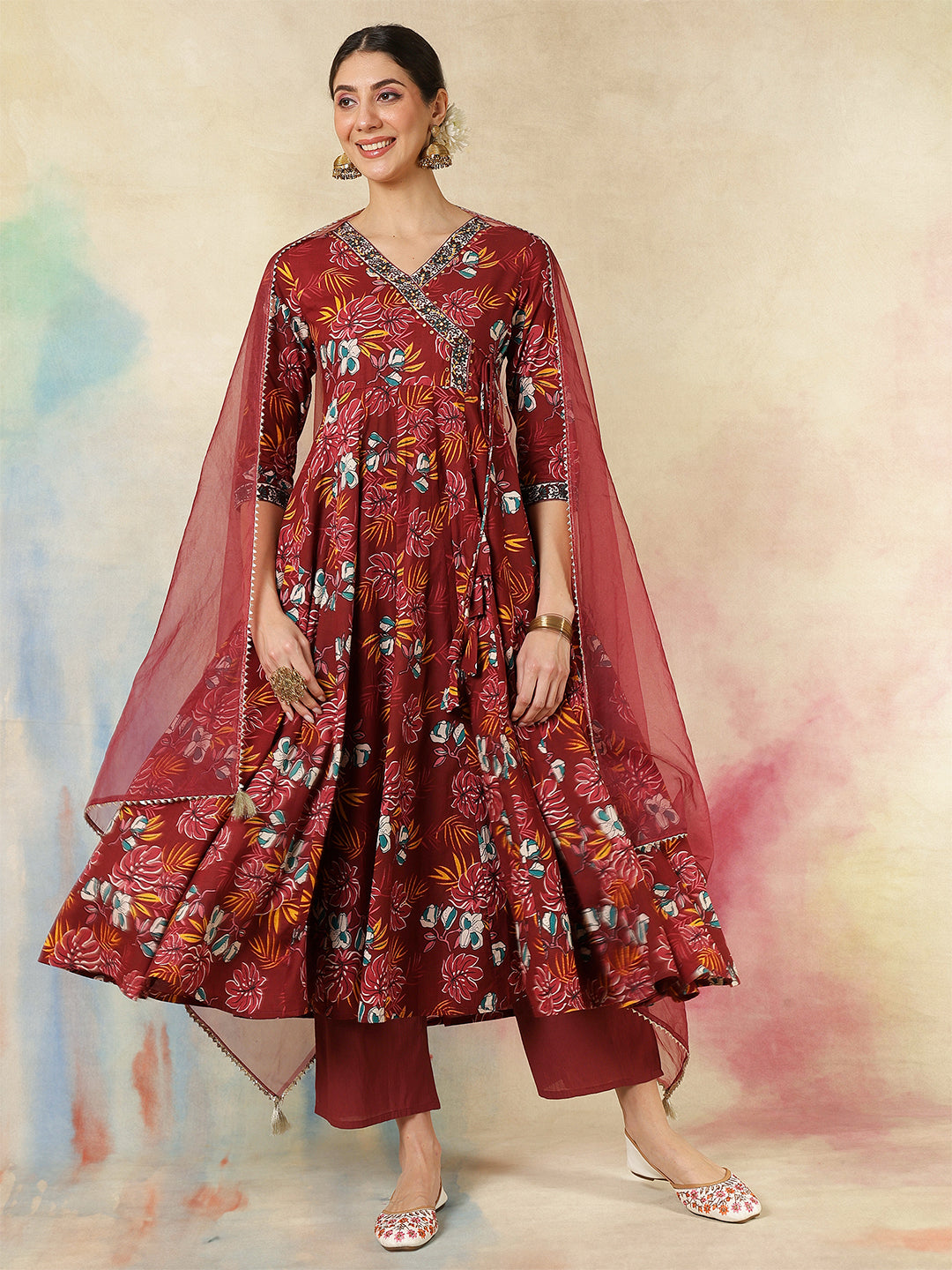 Cotton Calf Length Printed Embroidered 3/4 Sleeves V-Neck Kurta Suit Set With Dupatta