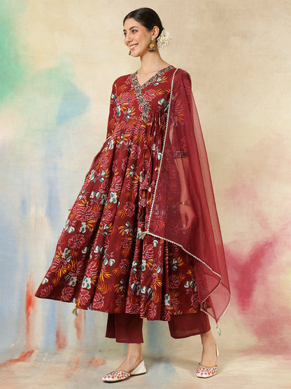 Cotton Calf Length Printed Embroidered 3/4 Sleeves V-Neck Kurta Suit Set With Dupatta