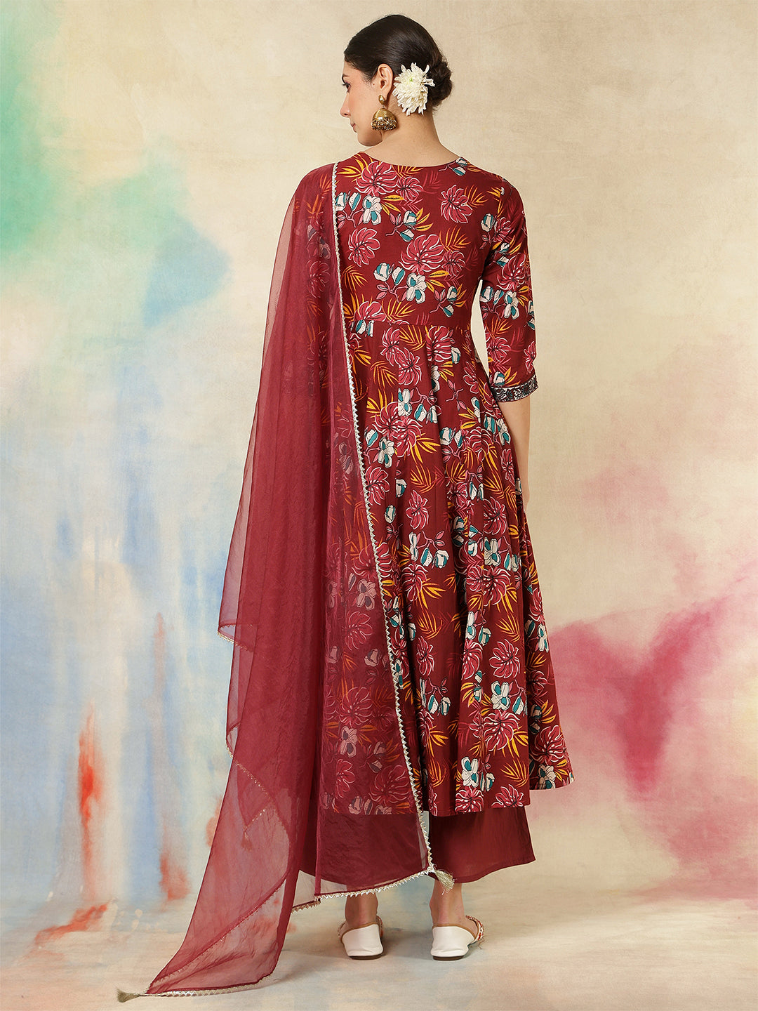 Cotton Calf Length Printed Embroidered 3/4 Sleeves V-Neck Kurta Suit Set With Dupatta (Preorder)