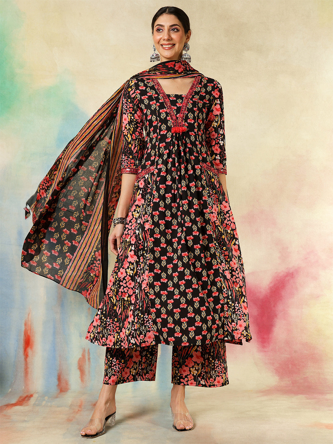 Cotton Calf Length Embroidered Printed A-Line3/4 Sleeves V-Neck Kurta Suit Set With Dupatta