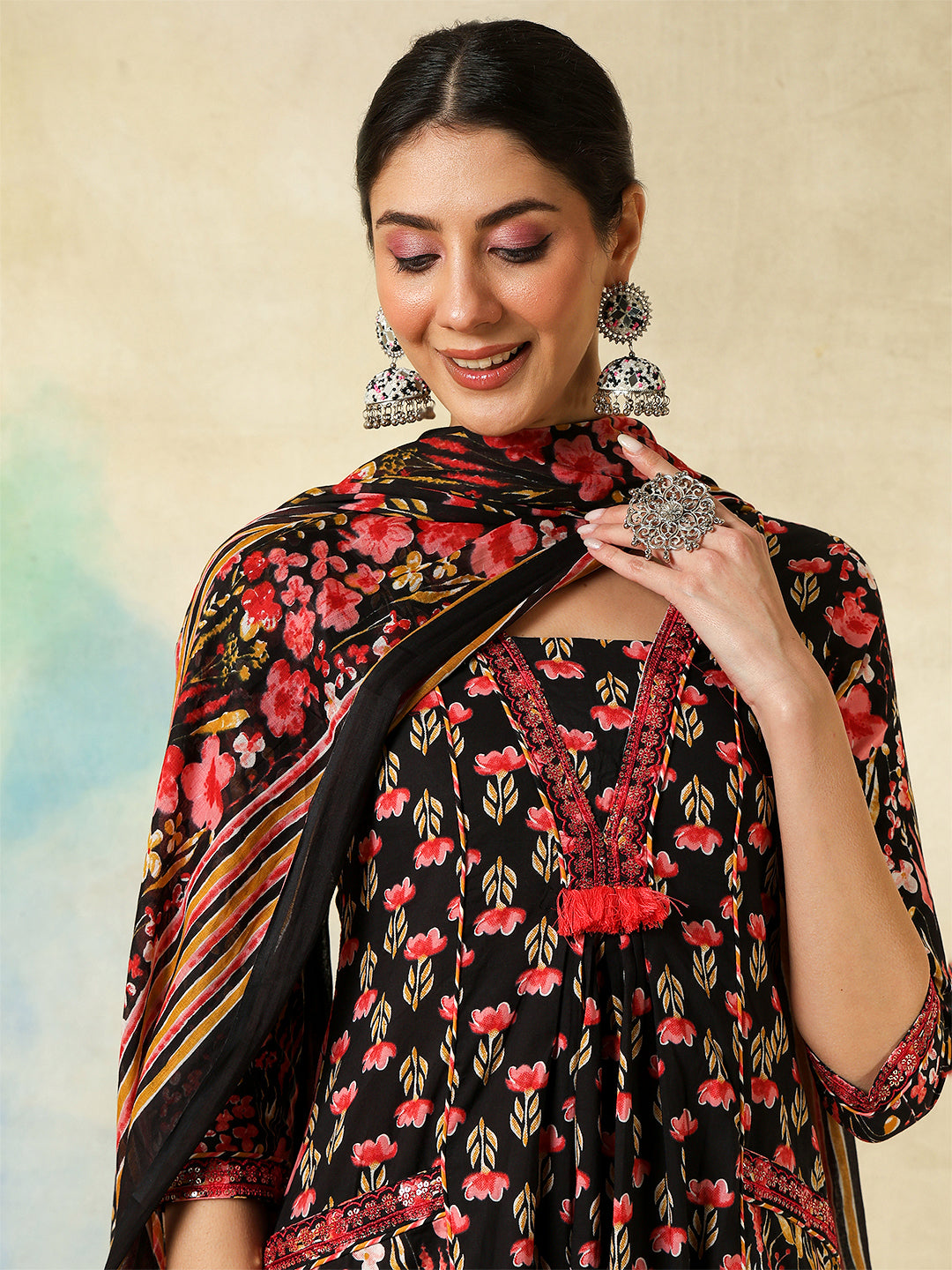 Cotton Calf Length Embroidered Printed A-Line3/4 Sleeves V-Neck Kurta Suit Set With Dupatta