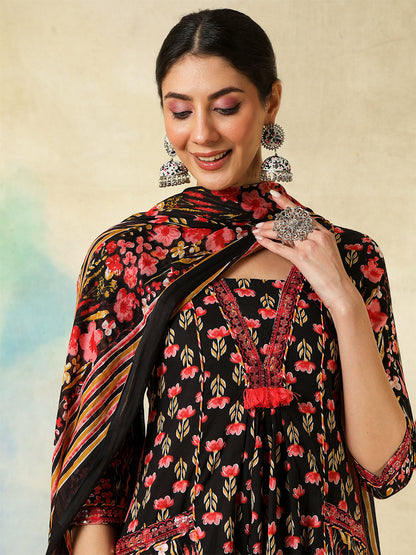 Cotton Calf Length Embroidered Printed A-Line3/4 Sleeves V-Neck Kurta Suit Set With Dupatta