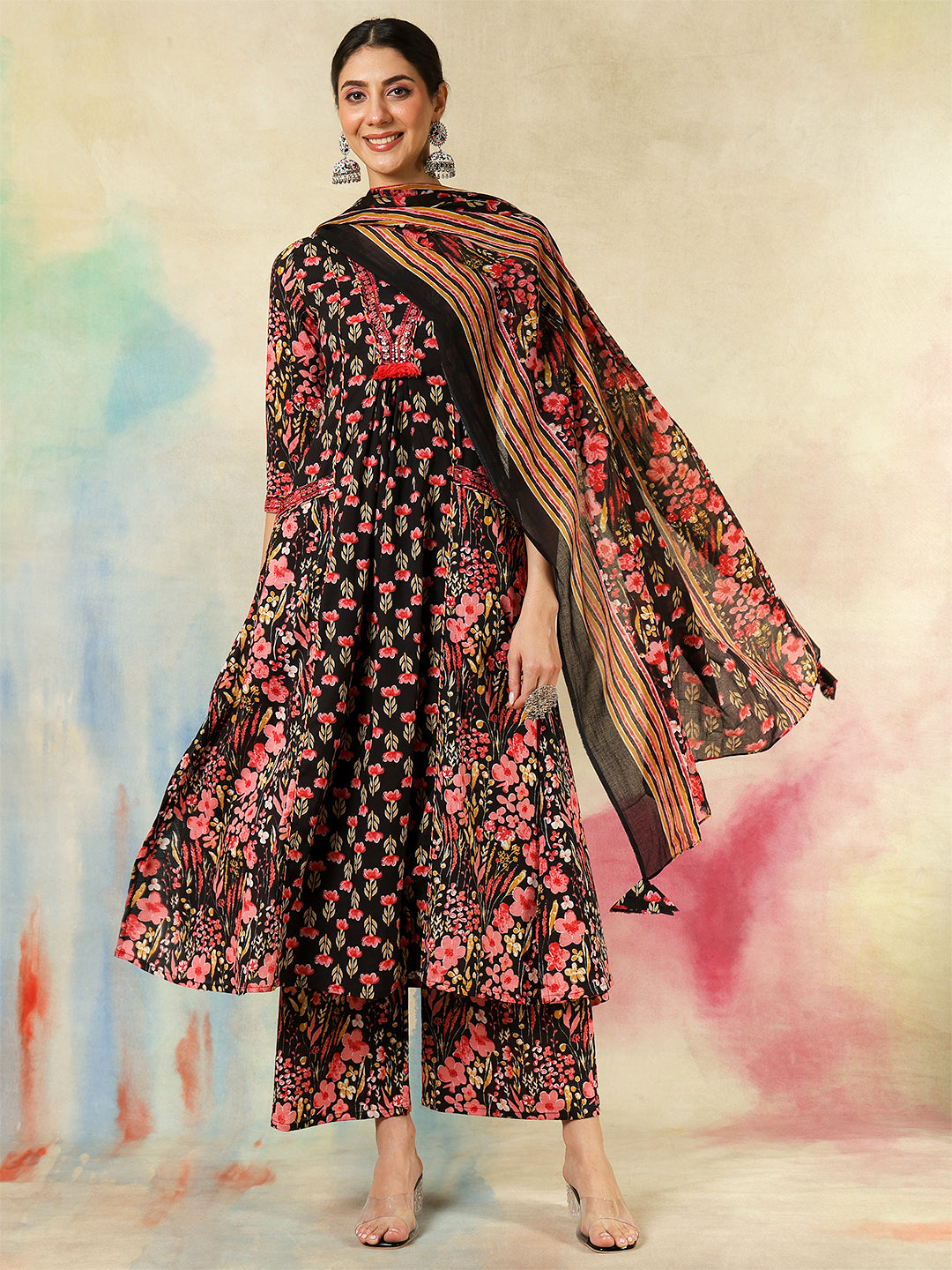 Cotton Calf Length Embroidered Printed A-Line3/4 Sleeves V-Neck Kurta Suit Set With Dupatta