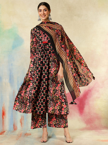 Cotton Calf Length Embroidered Printed A-Line3/4 Sleeves V-Neck Kurta Suit Set With Dupatta