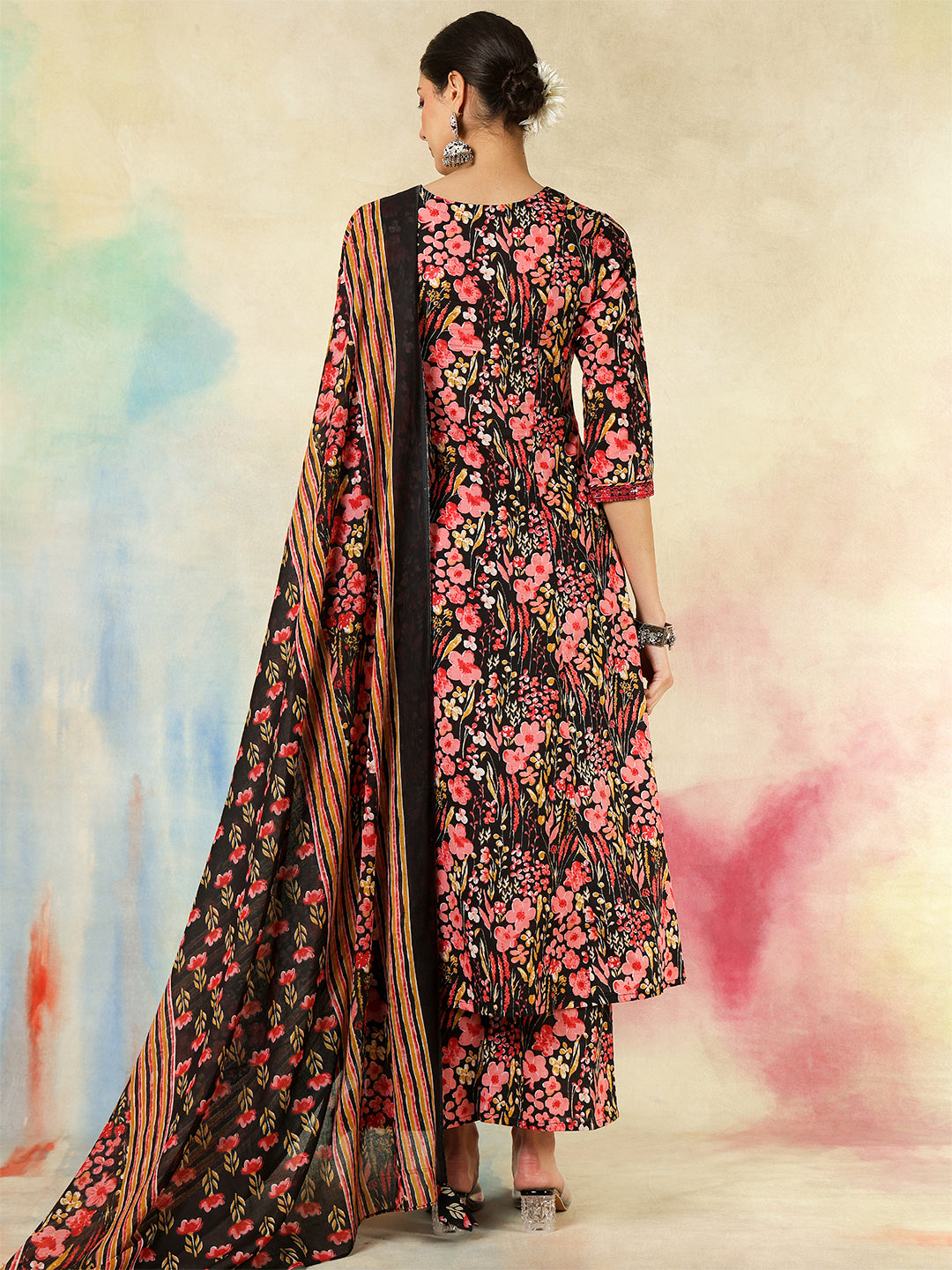 Cotton Calf Length Embroidered Printed A-Line3/4 Sleeves V-Neck Kurta Suit Set With Dupatta