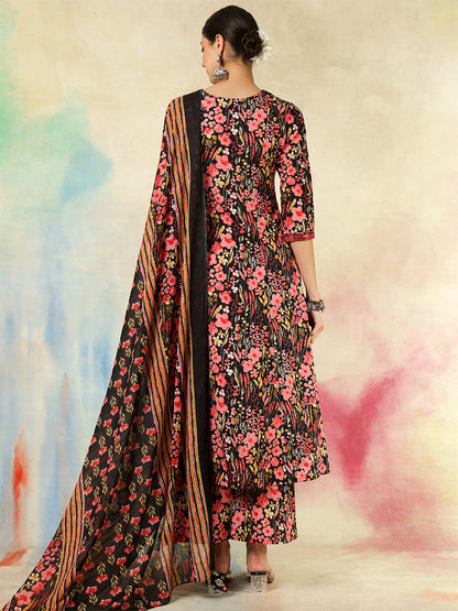 Cotton Calf Length Embroidered Printed A-Line3/4 Sleeves V-Neck Kurta Suit Set With Dupatta