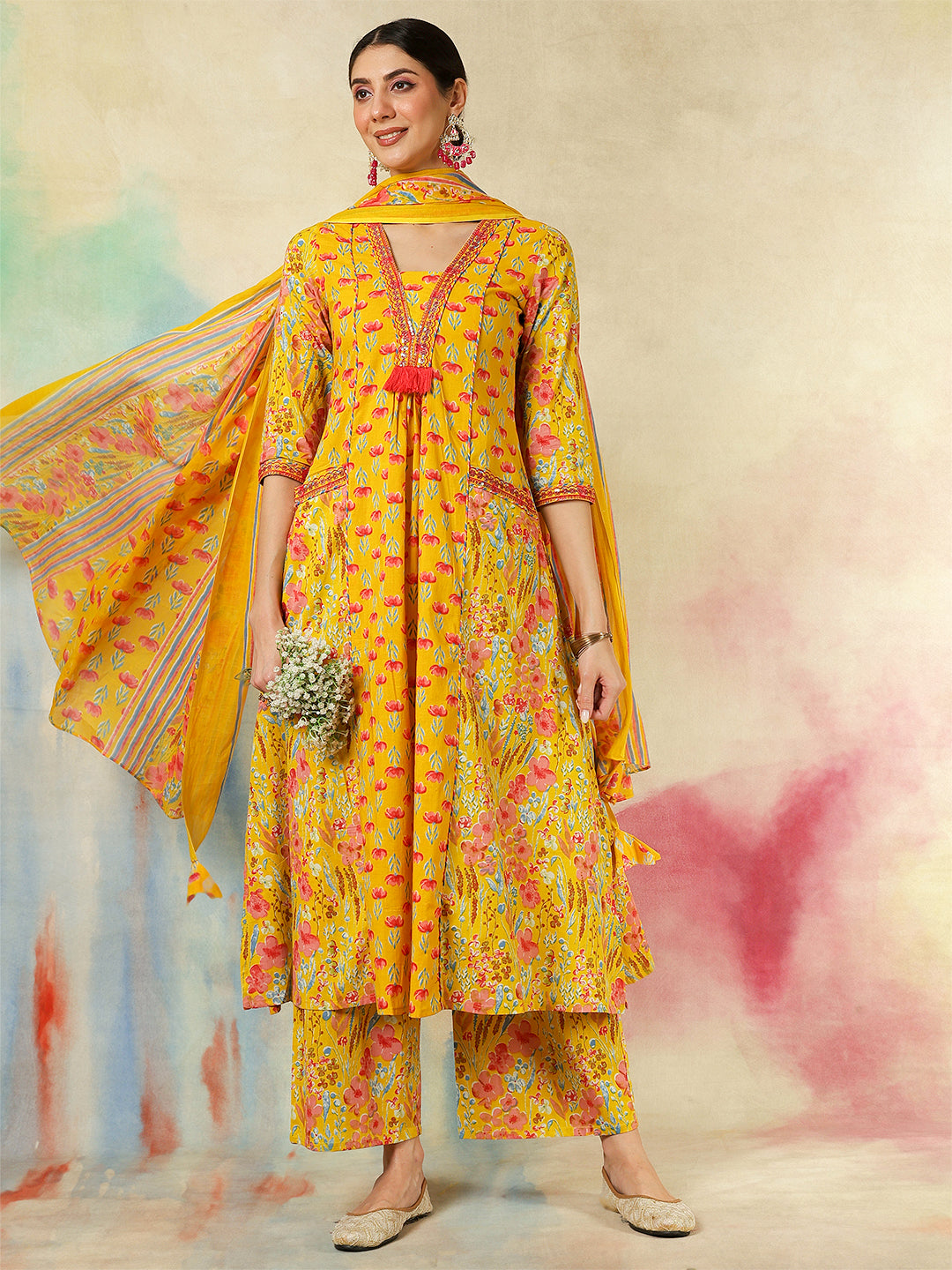 Cotton Calf Length Embroidered Printed A-Line3/4 Sleeves V-Neck Kurta Suit Set With Dupatta