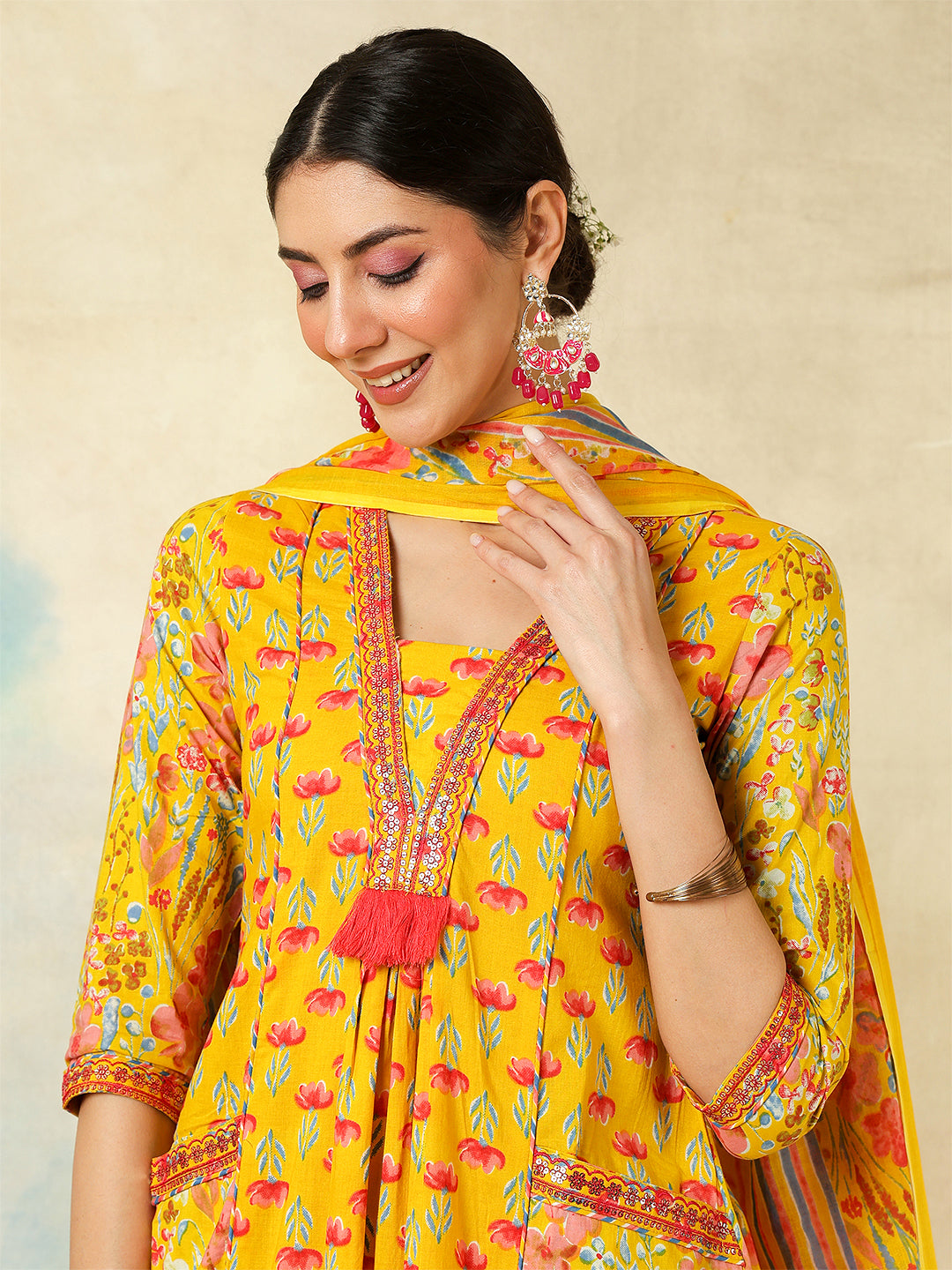 Cotton Calf Length Embroidered Printed A-Line3/4 Sleeves V-Neck Kurta Suit Set With Dupatta