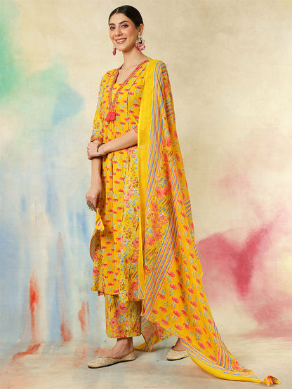 Cotton Calf Length Embroidered Printed A-Line3/4 Sleeves V-Neck Kurta Suit Set With Dupatta