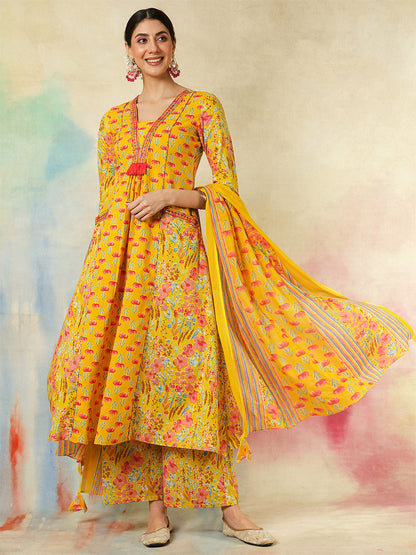 Cotton Calf Length Embroidered Printed A-Line3/4 Sleeves V-Neck Kurta Suit Set With Dupatta