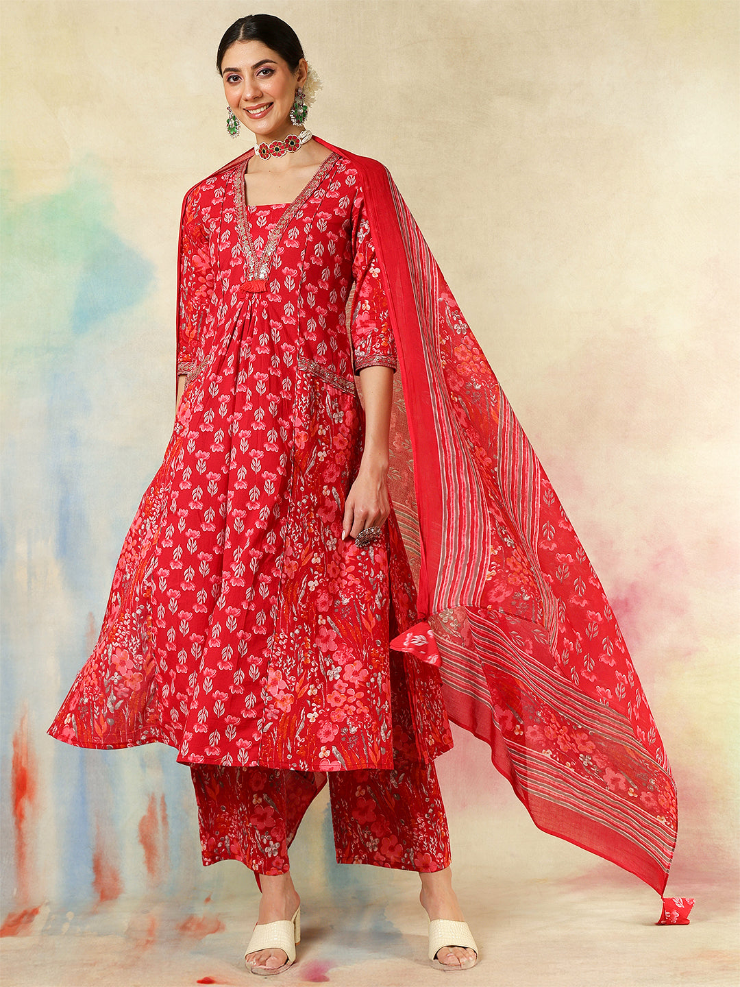 Cotton Calf Length Embroidered Printed A-Line3/4 Sleeves V-Neck Kurta Suit Set With Dupatta