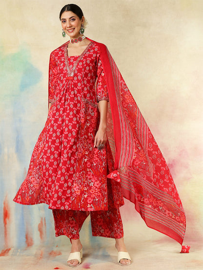 Cotton Calf Length Embroidered Printed A-Line3/4 Sleeves V-Neck Kurta Suit Set With Dupatta