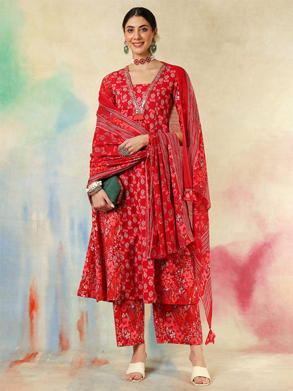 Cotton Calf Length Embroidered Printed A-Line3/4 Sleeves V-Neck Kurta Suit Set With Dupatta