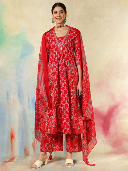 Cotton Calf Length Embroidered Printed A-Line3/4 Sleeves V-Neck Kurta Suit Set With Dupatta