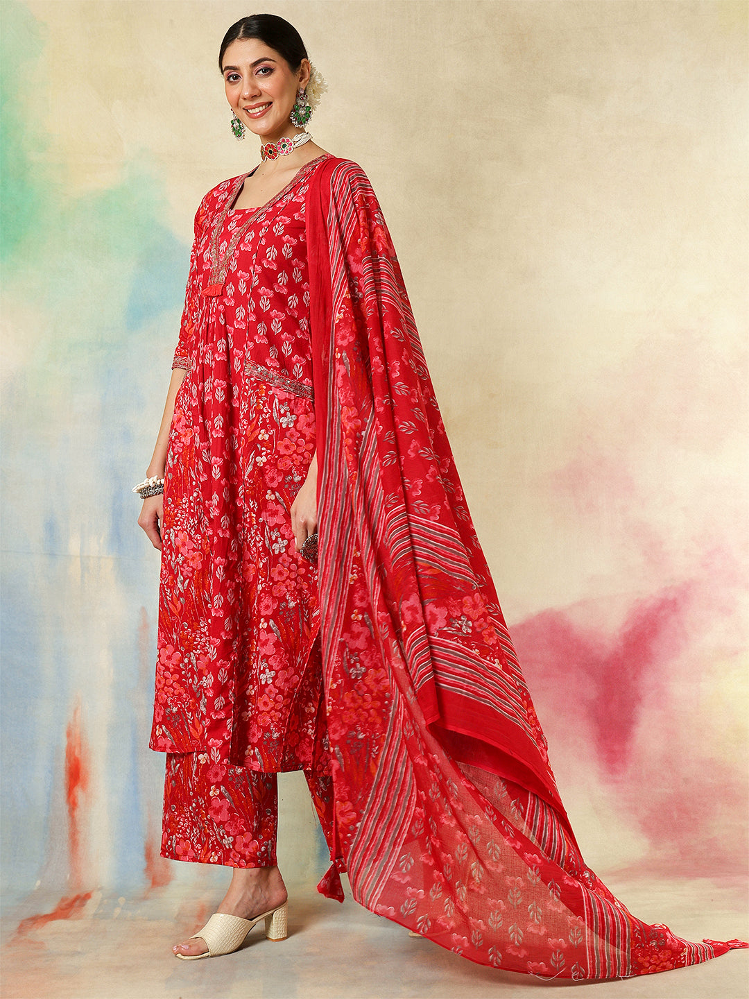 Cotton Calf Length Embroidered Printed A-Line3/4 Sleeves V-Neck Kurta Suit Set With Dupatta