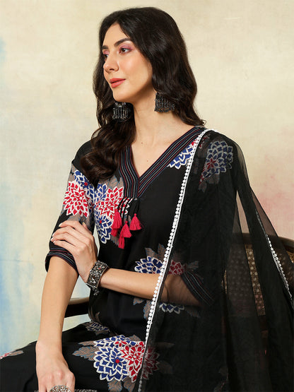 Rayon Calf Length Printed A-Line3/4 Sleeves V-Neck Kurta Suit Set With Dupatta