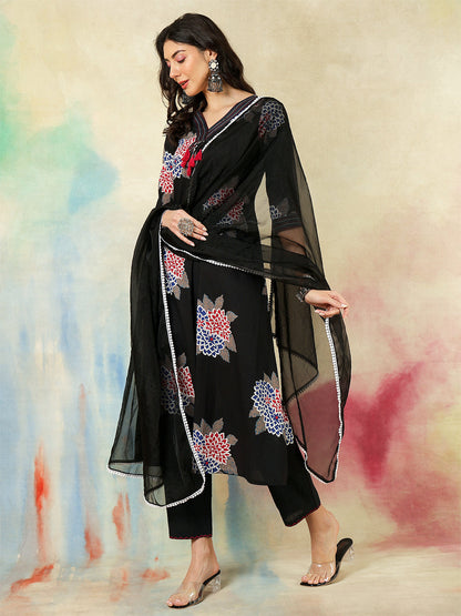 Rayon Calf Length Printed A-Line3/4 Sleeves V-Neck Kurta Suit Set With Dupatta