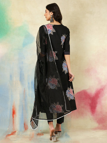 Rayon Calf Length Printed A-Line3/4 Sleeves V-Neck Kurta Suit Set With Dupatta