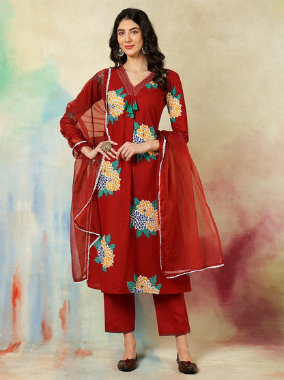 Rayon Calf Length Printed A-Line3/4 Sleeves V-Neck Kurta Suit Set With Dupatta (Preorder)