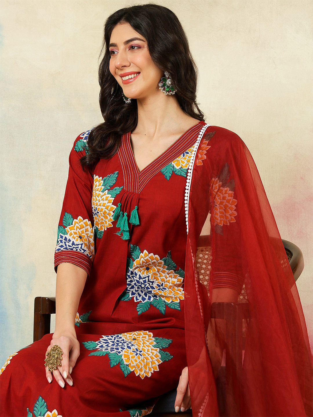 Rayon Calf Length Printed A-Line3/4 Sleeves V-Neck Kurta Suit Set With Dupatta (Preorder)