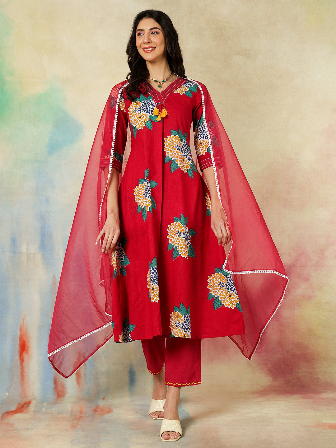 Rayon Calf Length Printed A-Line3/4 Sleeves V-Neck Kurta Suit Set With Dupatta (Preorder)